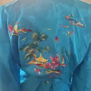 Vintg 70s/80s Golden Bee Rayon Turquois Embroidered Back Short Brocade Robe Belt